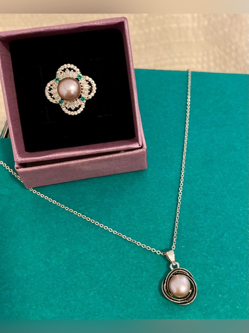 Pearl Pendant Necklace and Matching Pearl Ring in Flower Setting